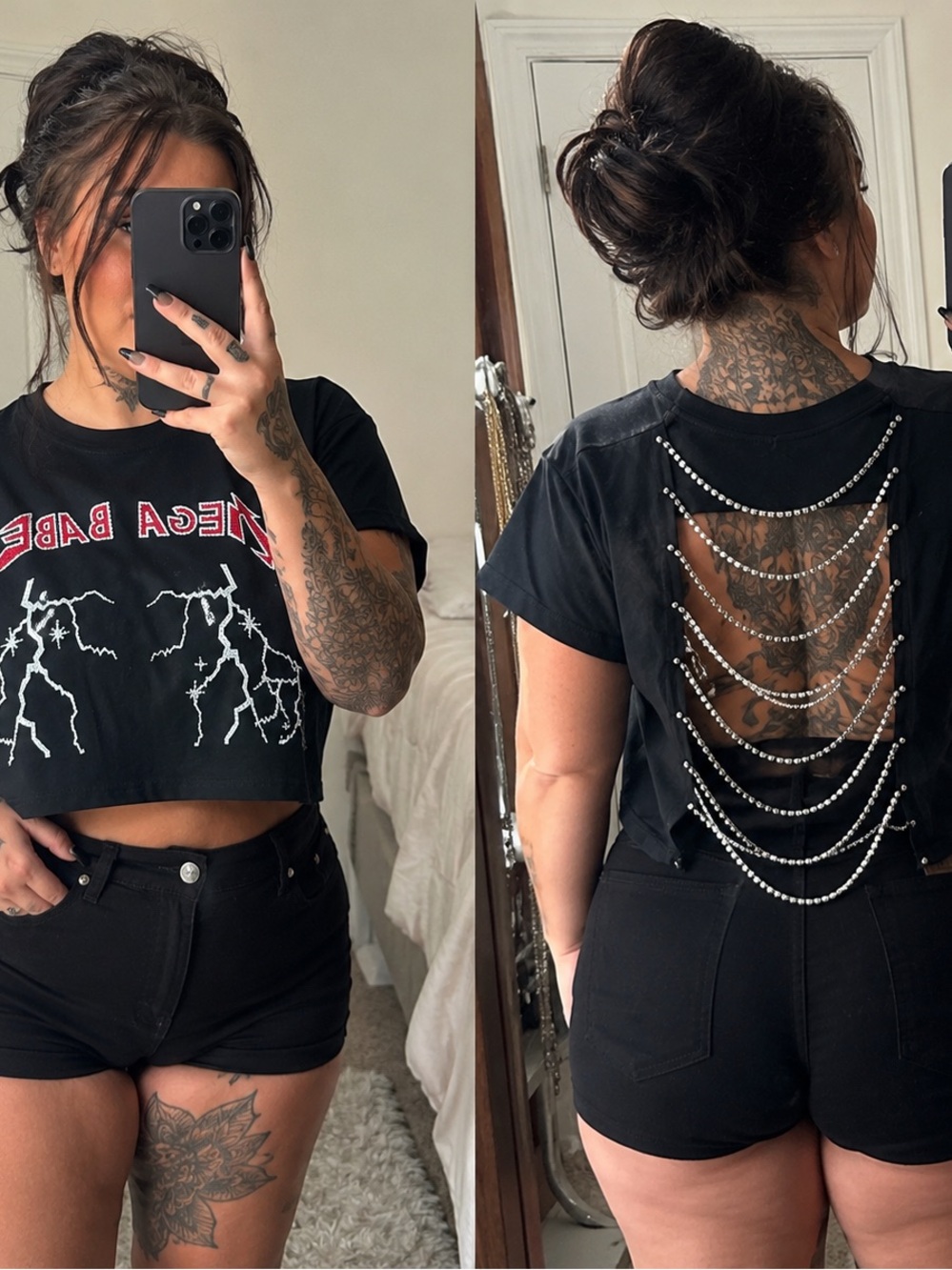 AKIRA Black 'Mega Babe' Crop Tee with Red Script and Silver Lightning